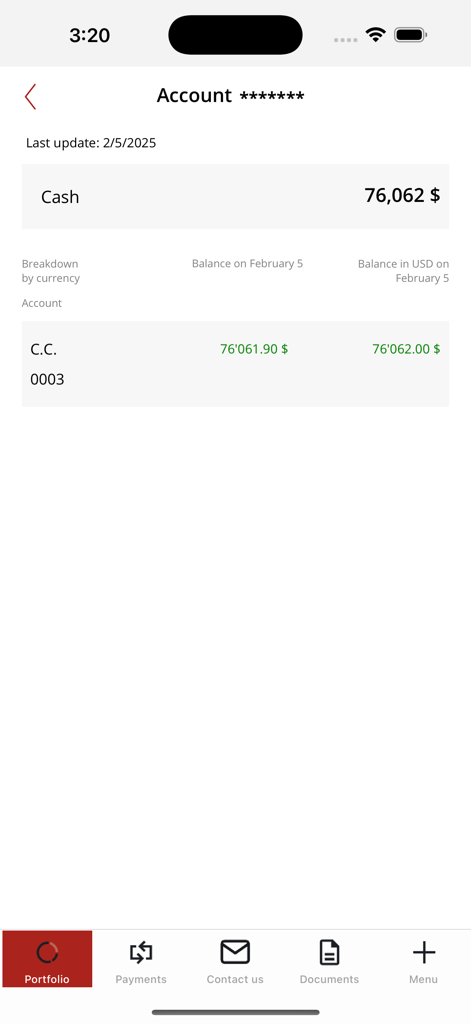 Banorient Suisse - Banorient Suisse app account summary displaying cash balance and currency breakdown