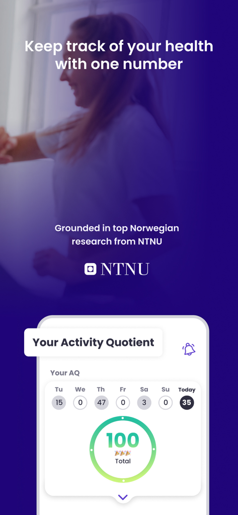 MIA Health - MIA Health app screen displaying the Activity Quotient AQ score and weekly tracking grounded in NTNU research