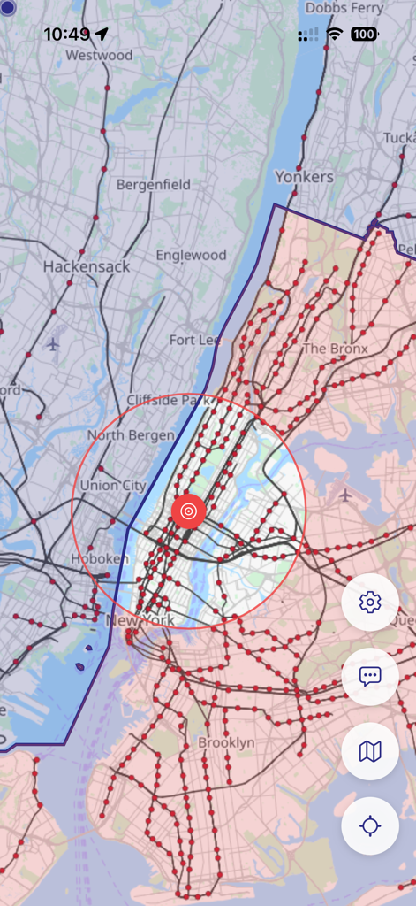 Jet Lag: Hide & Seek Mapper - Interface of the Jet Lag Hide and Seek Mapper app displaying a circular search zone over a map of New York City