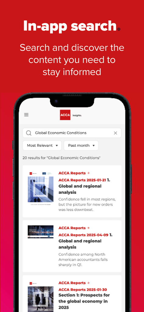 ACCA Insights - Ein Smartphone, das die Suchoberfläche der ACCA Insights App mit Ergebnissen für globale Wirtschaftsberichte anzeigt.