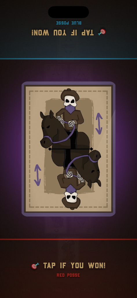Cardy Cardy Flip Game - A Ride Em Cowboy action card featuring a skeleton cowboy on a horse in the Cardy Cardy Flip party game.