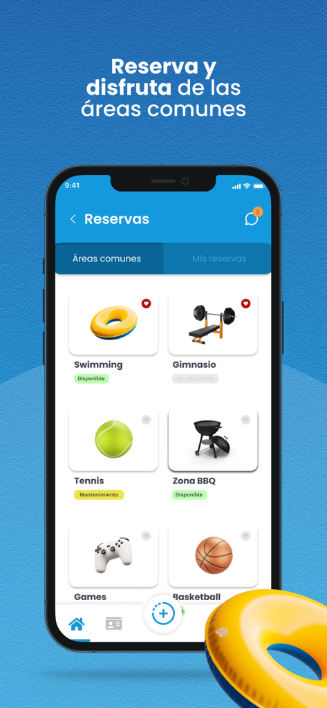 Munily app interface for booking residential amenities like swimming pool, gym, tennis court, and BBQ area