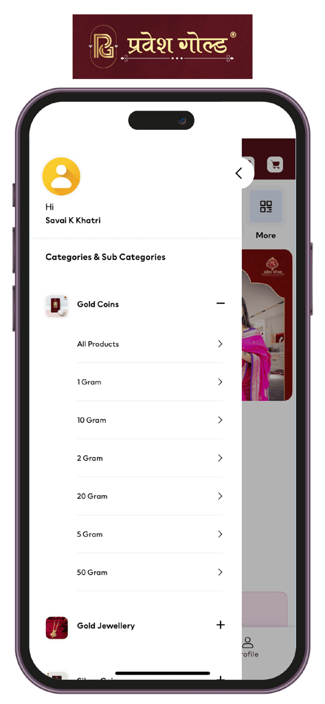 Pravesh Gold - Pravesh Gold mobile app interface displaying gold coin and jewelry categories