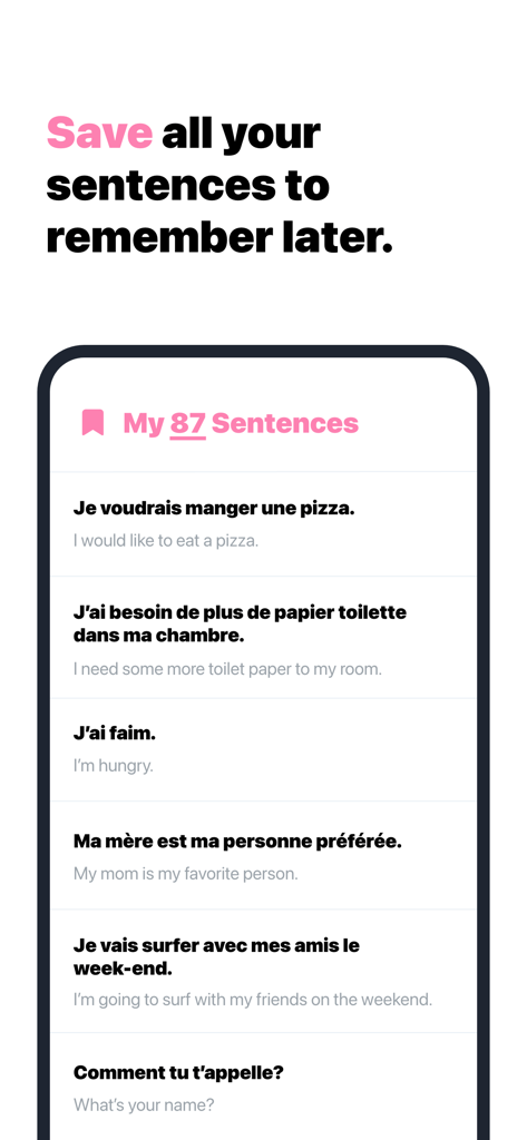 SpeakTrip - Learn & Translate - La interfaz de la aplicación SpeakTrip muestra una lista personalizada de frases guardadas en francés y sus traducciones al inglés.