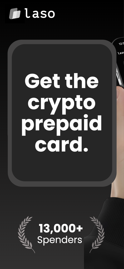 Laso Finance promotional screen for a crypto prepaid card with over thirteen thousand spenders