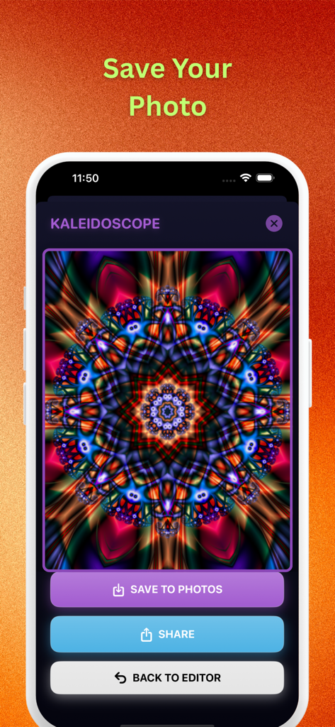 Beauty Photo Effect - Smartphone interface showing a colorful kaleidoscope photo effect with save and share buttons