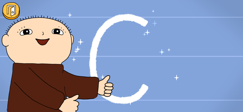 Alfie Atkins character next to a glowing traced letter C in an educational app
