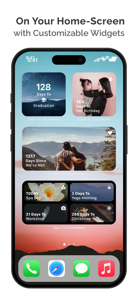 Widgets estéticos personalizables para la pantalla de inicio de iOS que muestran cuentas atrás para graduaciones, cumpleaños y aniversarios.