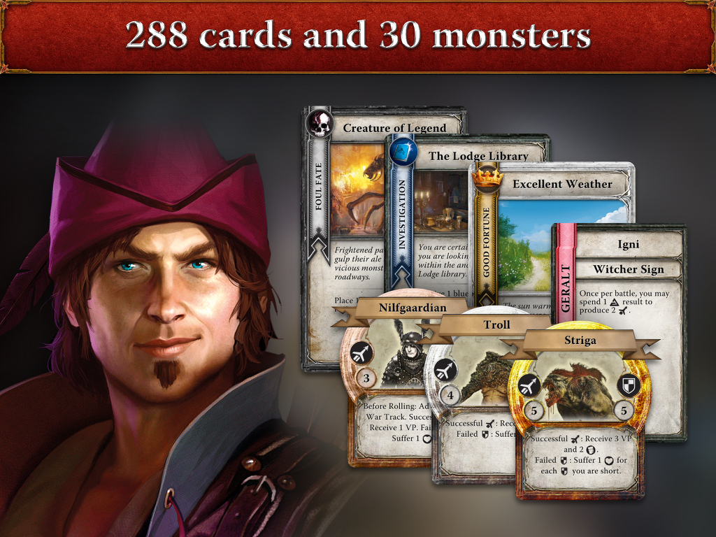 The Witcher Adventure Game - ウィッチャー・アドベンチャー・ゲームのスクリーンショット。ダンディライオンのキャラクター、様々なゲームカード、モンスターが表示されている。