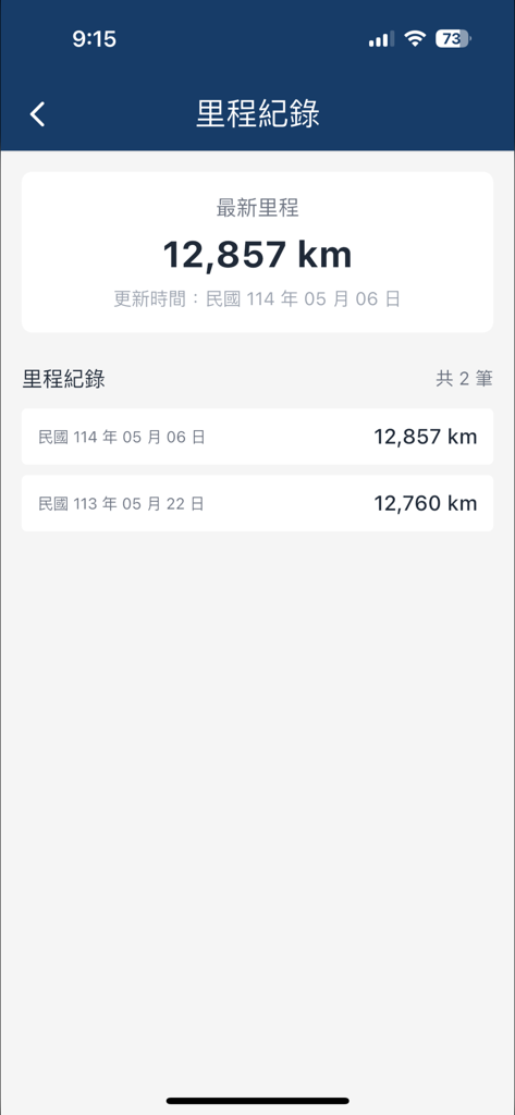 查車牌-車牌公開資訊一鍵查詢 - A user interface showing historical vehicle mileage records for Taiwanese license plates