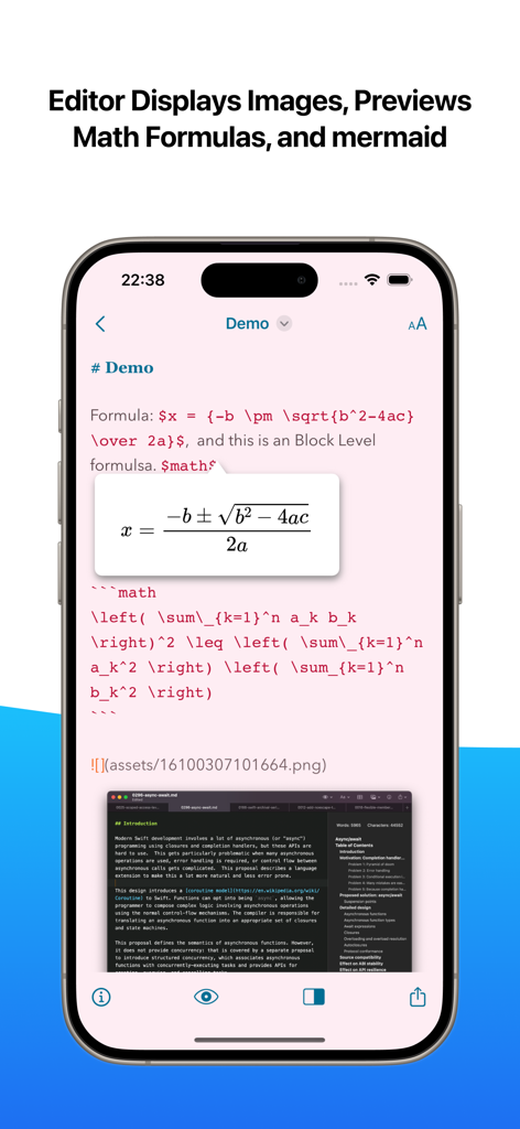 One Markdown - One Markdown editor on iPhone showing a math formula preview and an embedded image.