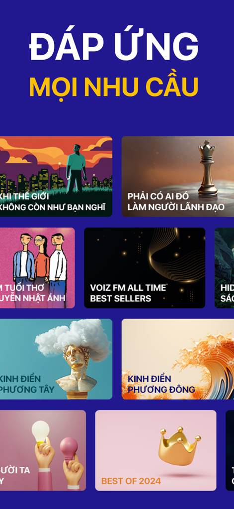Screenshot der Voiz FM App, die verschiedene Hörbuchkategorien wie Klassiker und Bestseller anzeigt.
