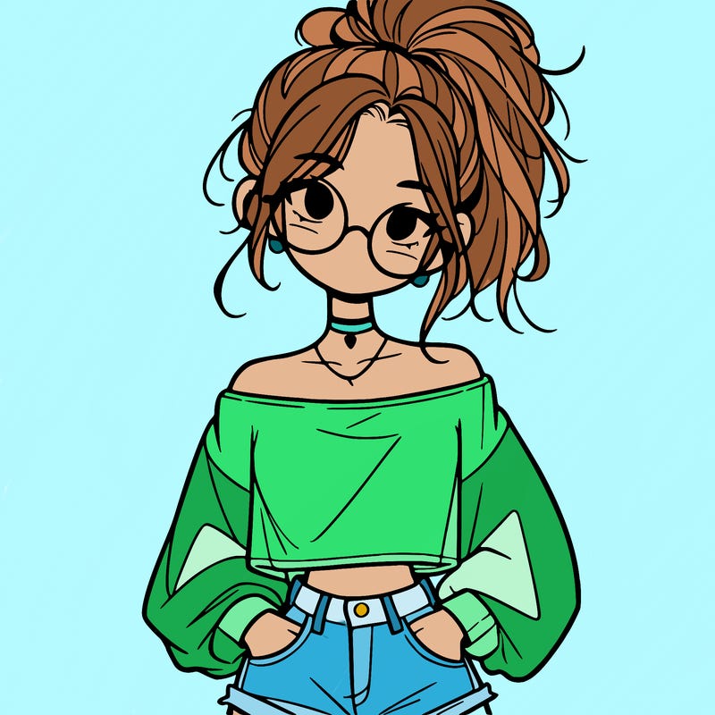 girl with a messy ponytail glasses a baggy crop top and jean shorts