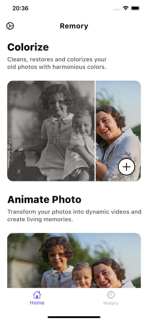 Remory: Colorize & Animate - The Remory app home screen showing photo colorization and animation features with example family photos