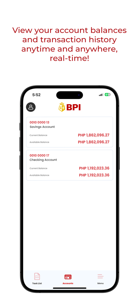 BPI BizLink - BPI BizLink mobile app screen displaying business savings and checking account balances in real-time