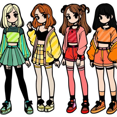 one girl with crop-top shirt and a jacket with a skirt, long socks and another girl with a shirt and pants with a jacket