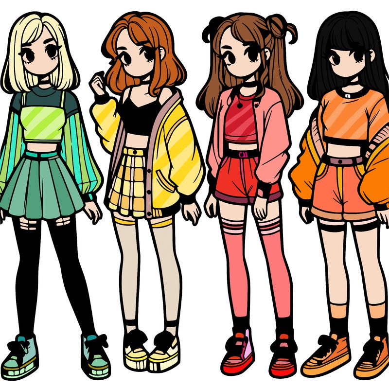 one girl with crop-top shirt and a jacket with a skirt, long socks and another girl with a shirt and pants with a jacket