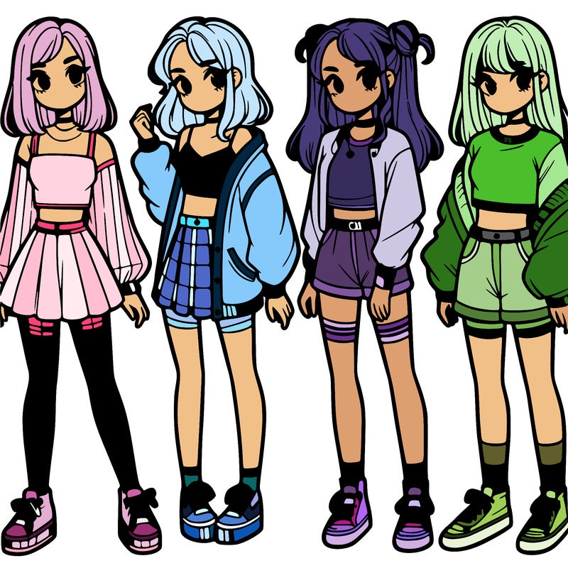 one girl with crop-top shirt and a jacket with a skirt, long socks and another girl with a shirt and pants with a jacket