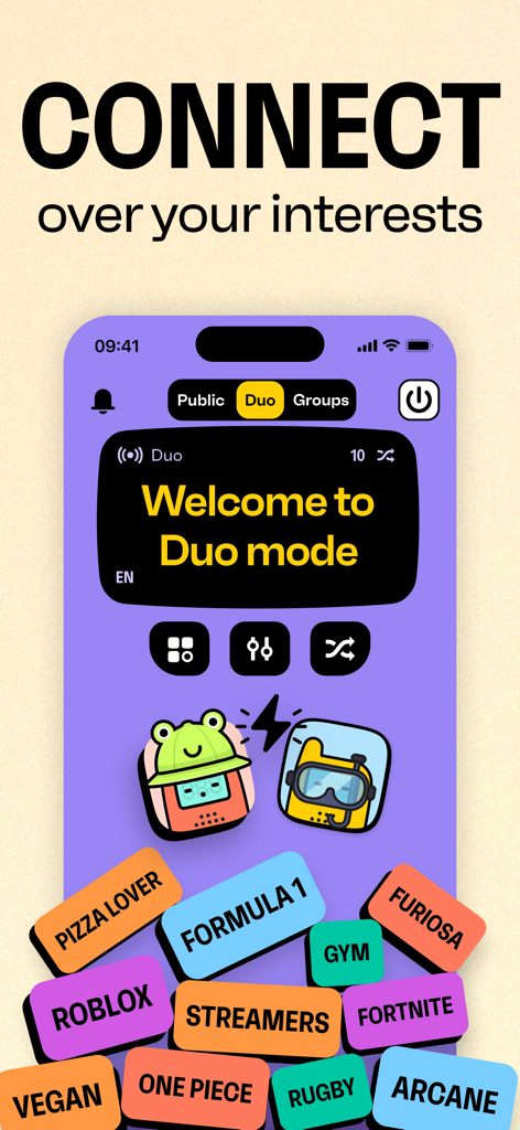 Walkie Talkie app interface showing Duo mode and colorful interest tags like Roblox and Fortnite