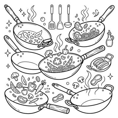 Get ready to cook up some fun with this dynamic coloring page featuring various woks and stir-fry pans. It's packed with culinary details, inviting you to bring a bustling kitchen scene to life with your favorite colors.