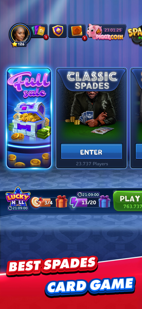 Spades Plus card game home screen featuring classic mode and player count.