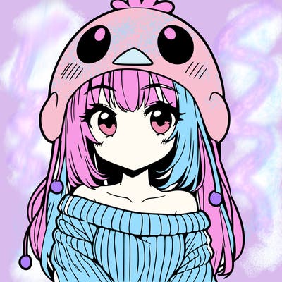 anime girl with chick shaped hat with sweater with bare shoulders with bangs covering them one eye with low tail