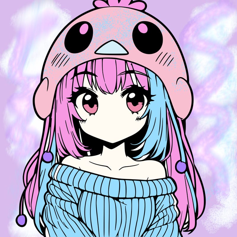 anime girl with chick shaped hat with sweater with bare shoulders with bangs covering them one eye with low tail