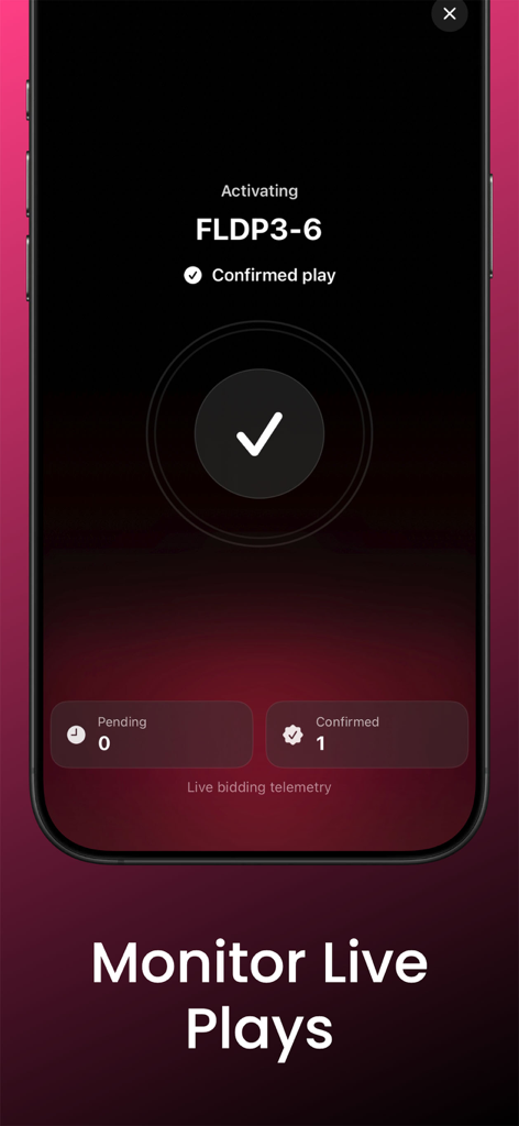 A mobile interface showing a confirmed digital billboard play with live telemetry and monitoring tools