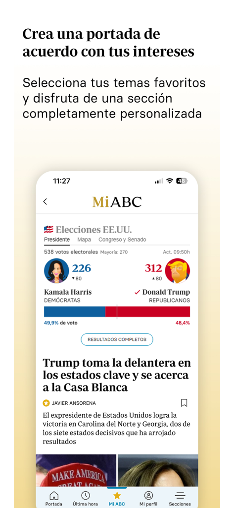 Pantalla de la aplicación Diario ABC mostrando el feed de noticias personalizado Mi ABC con resultados electorales de EE. UU. y titulares políticos.