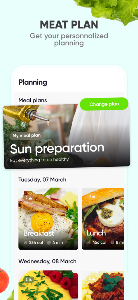 Interface de plano de refeição personalizado com receitas de café da manhã e almoço e contagens de calorias
