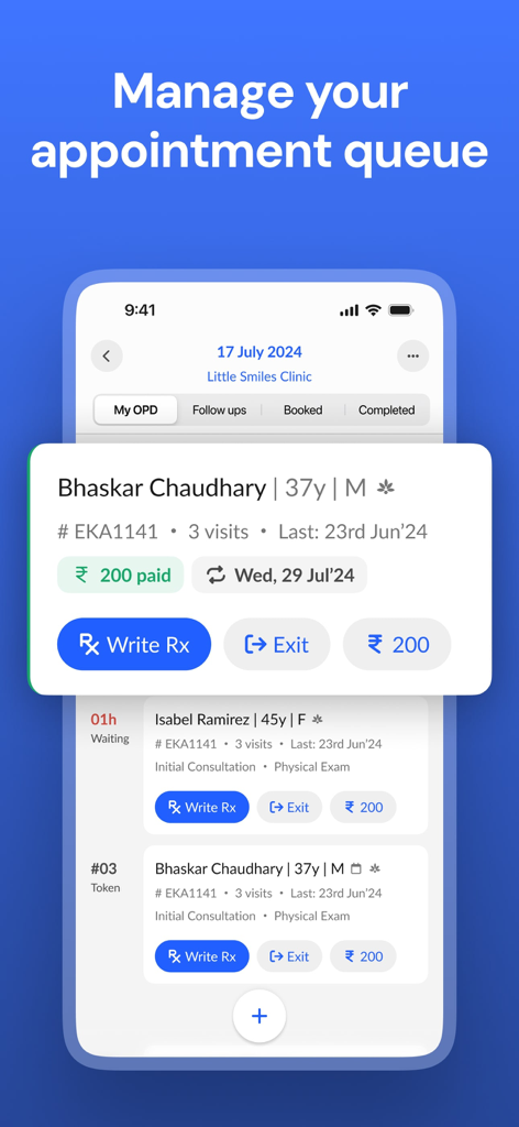 Eka Doc: AI, Scribe, EMR/EHR - Interfaz de la aplicación móvil Eka Doc que muestra una cola de citas de pacientes con opciones para escribir recetas y gestionar el flujo de la clínica.