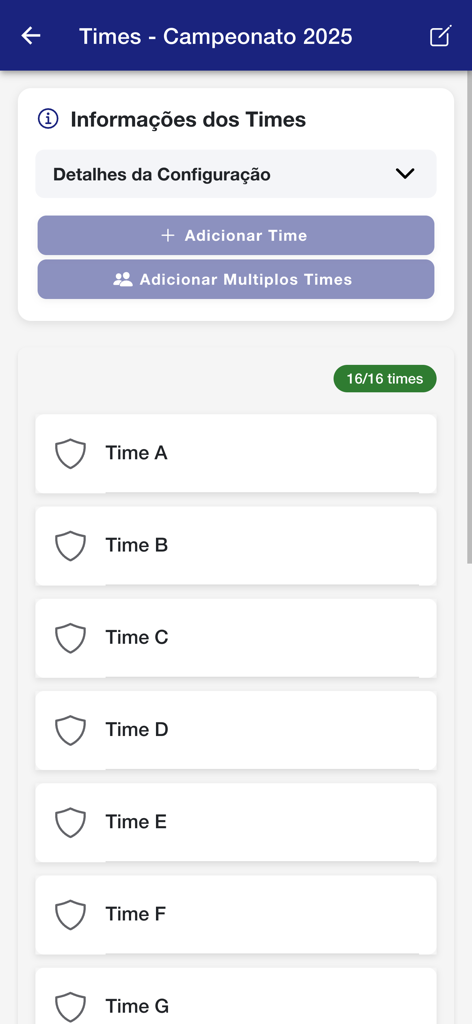 Campeonato fácil - Pantalla de la aplicación móvil que muestra una lista de equipos registrados y botones para agregar nuevos participantes a un torneo de fútbol