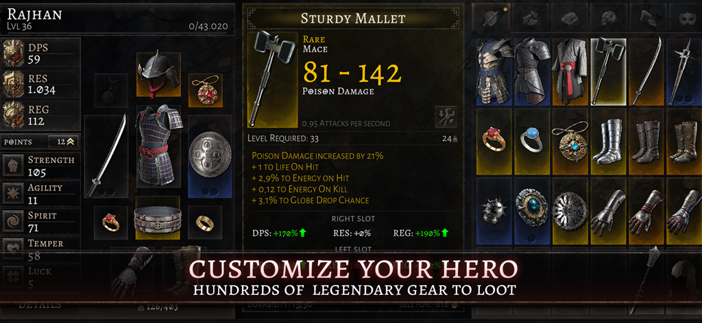 Character customization screen in Oniro ARPG showing hero stats and legendary gear inventory