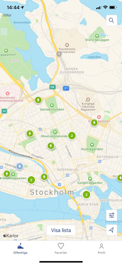 In-app map display of available electric vehicle charging stations in Stockholm