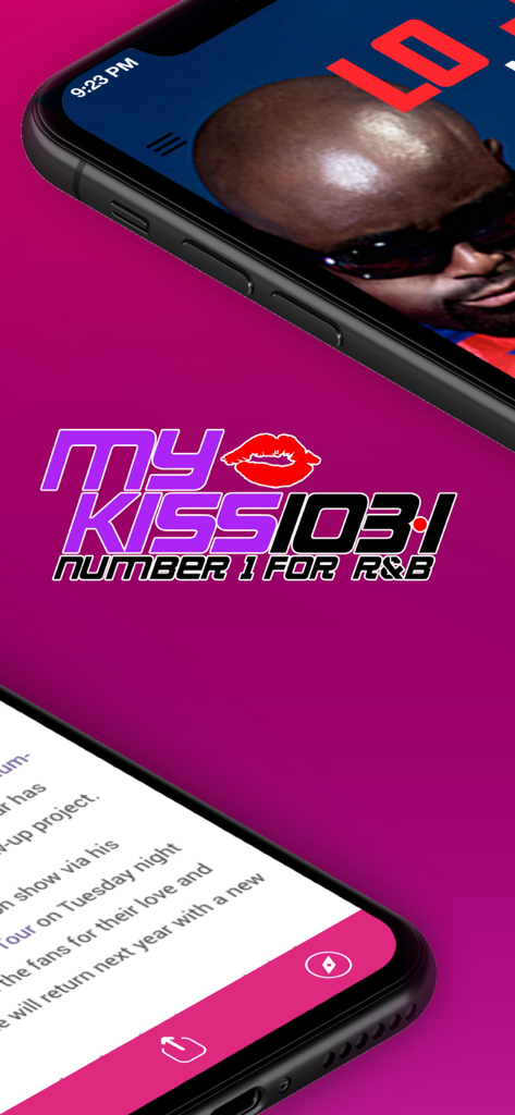Logo de l'application radio My Kiss 103.1 et captures d'écran mobiles