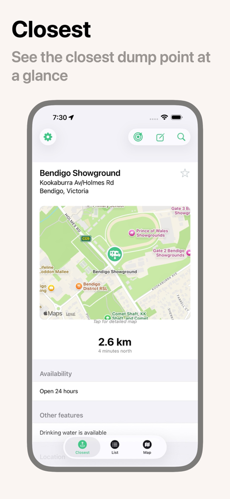 Caravan Helper - Screenshot of the Caravan Helper app showing the closest dump point location with a map and availability details