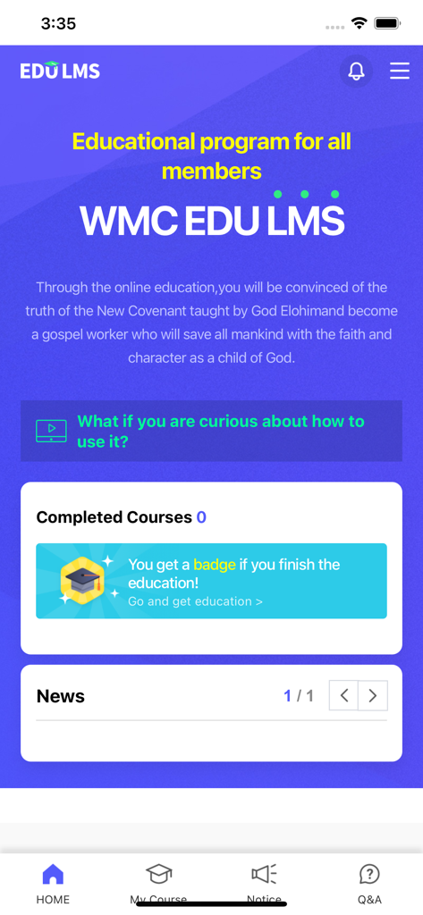 EDU LMS - EDU LMS mobile app home screen displaying the WMC educational program dashboard for church members