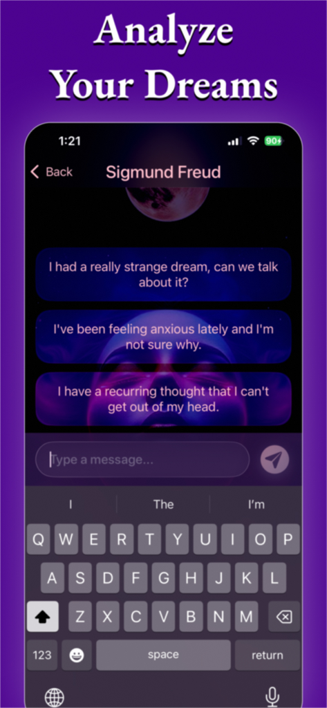 Freud Caffe AI Psychoanalysis - Captura de pantalla de la aplicación móvil Freud Caffe AI que muestra una interfaz de chat con Sigmund Freud para analizar sueños y pensamientos subconscientes