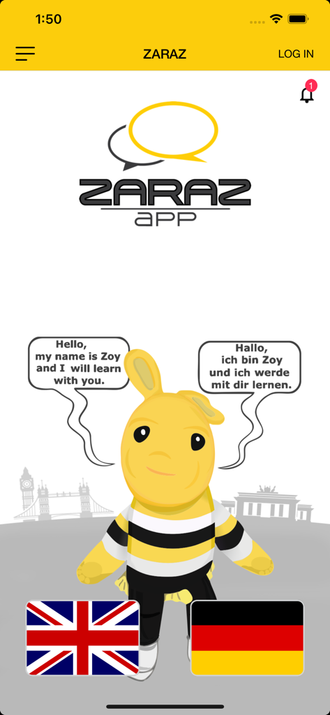 ZARAZ English and German - ZARAZ app welcome screen with character Zoy and flags for English and German language courses