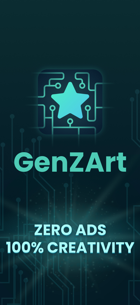 Tela inicial do Gerador de Imagens IA GenZArt exibindo o logotipo do aplicativo e o slogan Zero Anúncios 100% Criatividade