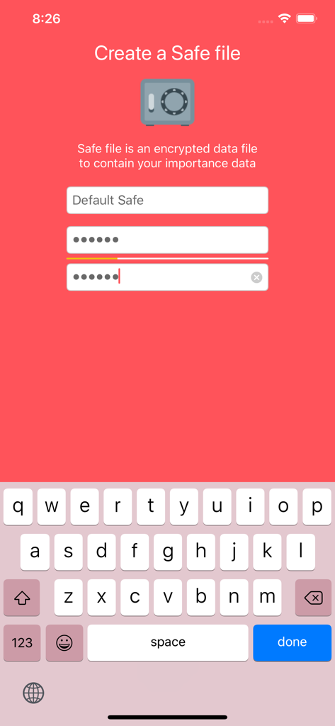 User interface for creating a new encrypted safe file to store sensitive data in the Password Goo app