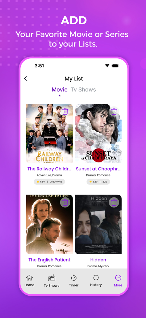 Ein Bildschirm einer mobilen App, der eine personalisierte Liste gespeicherter Filme wie Der englische Patient und Die Kinder des Lokführers zeigt.
