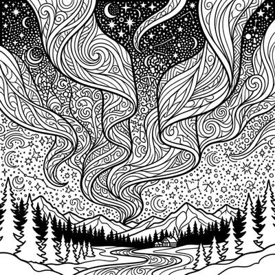 Dive into the breathtaking beauty of the Green Aurora with this exquisitely detailed adult coloring page. Discover a serene night landscape perfect for mindful relaxation and creative expression.