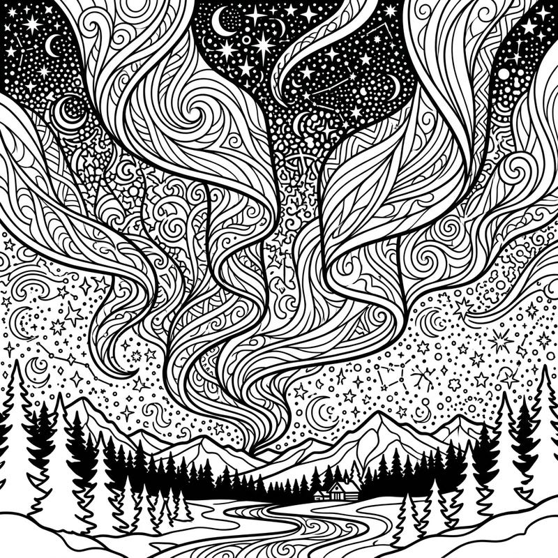 Dive into the breathtaking beauty of the Green Aurora with this exquisitely detailed adult coloring page. Discover a serene night landscape perfect for mindful relaxation and creative expression.