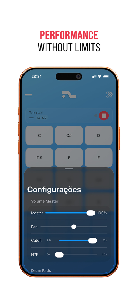 Interface of PadLab app showing audio configuration settings with sliders for volume pan and filters