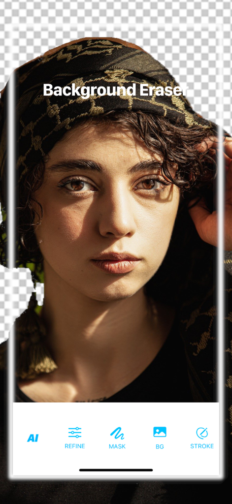 Interfaz de la herramienta borrador de fondo en la aplicación de retoque de fotos que muestra un retrato con fondo transparente.