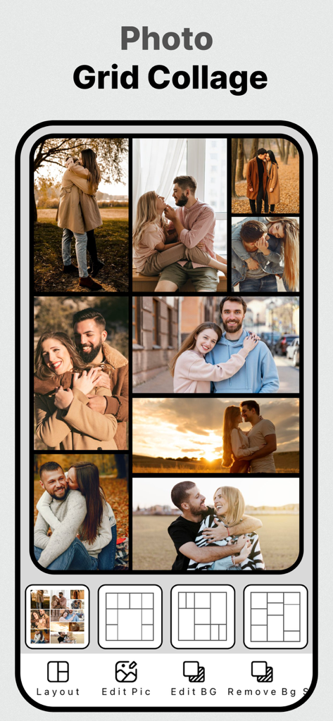 A mobile app interface displaying a grid collage of couple photos with different layout templates at the bottom