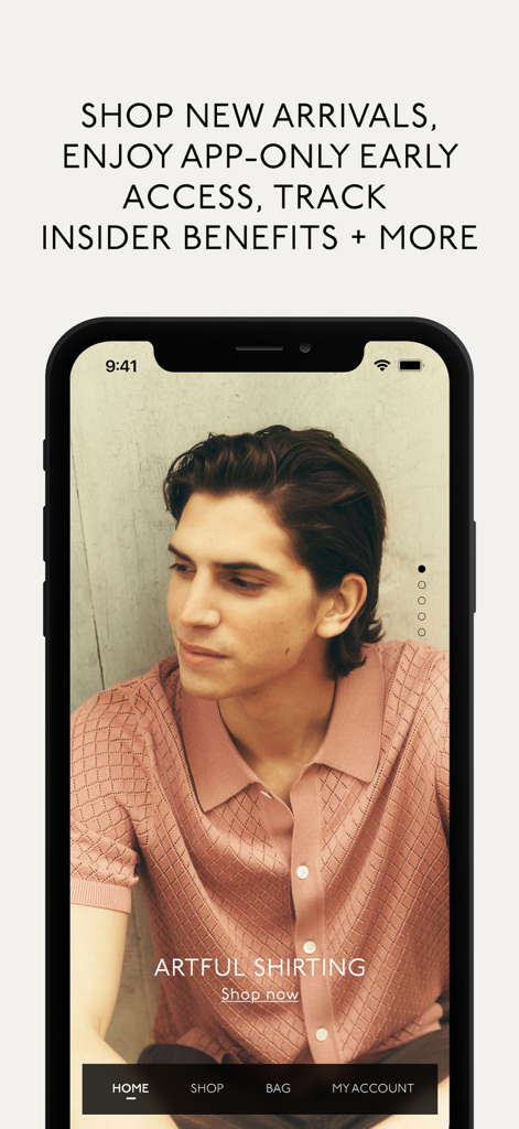 Madewell - Madewell app home screen showing a male model in a textured pink polo shirt with a shop now link for artful shirting