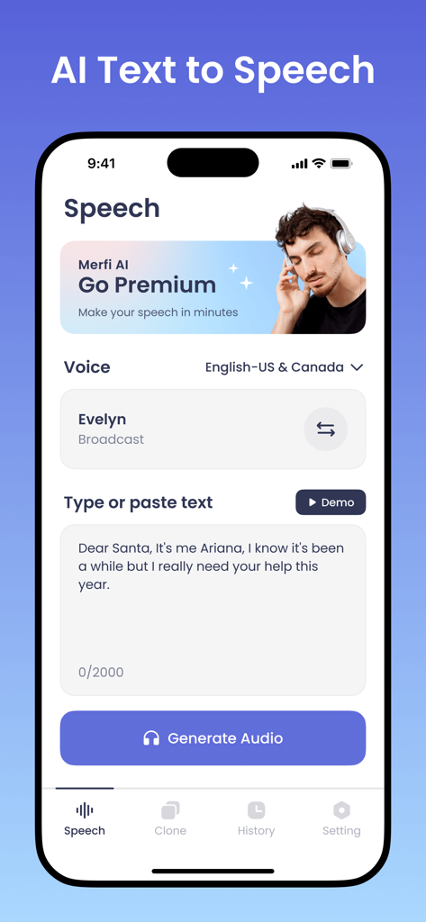 Merfi AI: Text to Speech, TTS - Merfi AI app interface showing a text to speech conversion screen with voice selection and a generate audio button.
