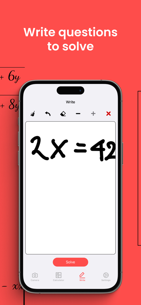 Photo Math Solver - iPhone screen showing the Photo Math Solver app with a handwritten algebraic equation ready to be solved